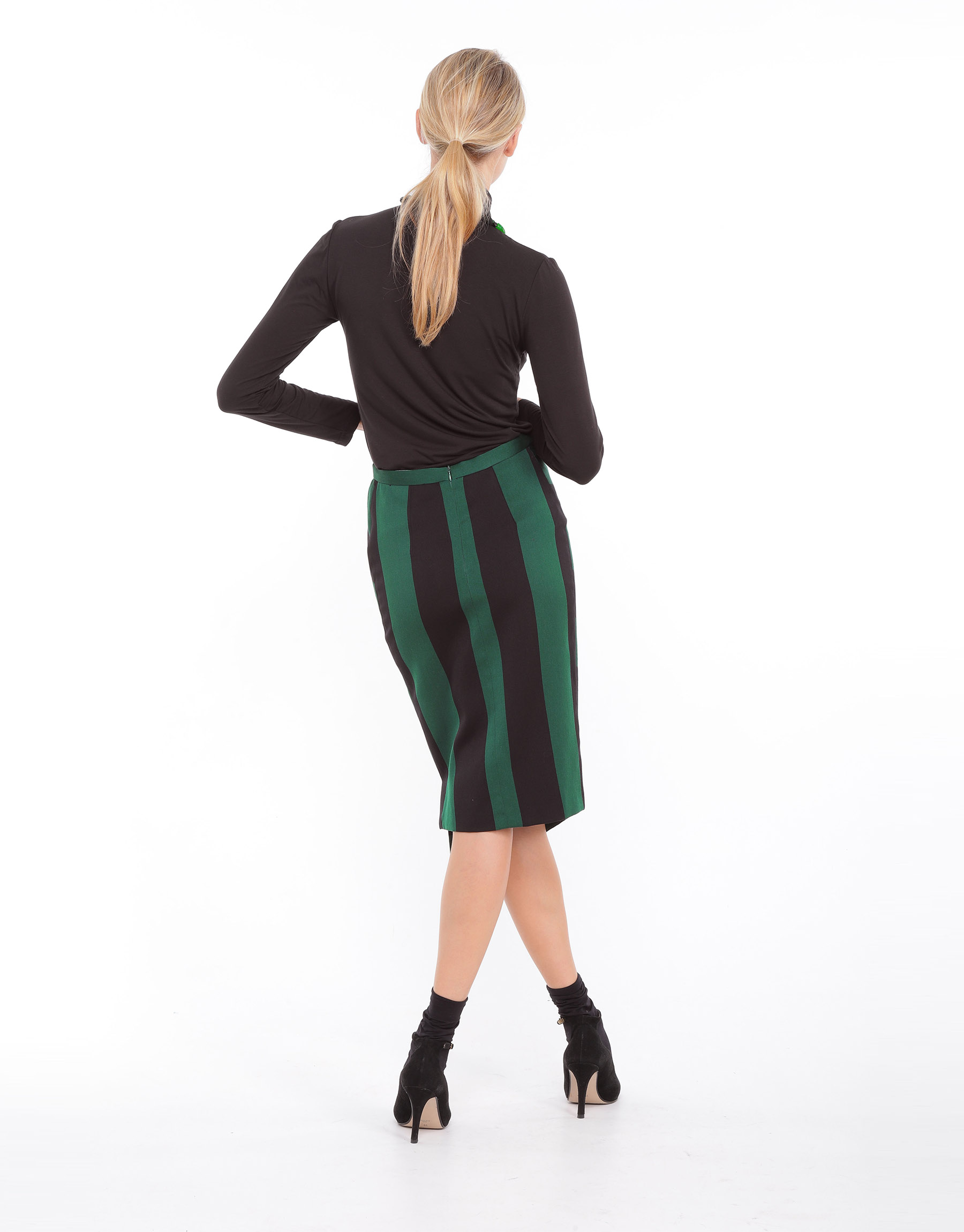 Asymmetrical pencil midi skirt in black and green striped wool 